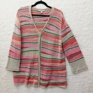 Sweater Cardigan Size 2X Lace Coral Beige Stripe Whimsycore Soft Girl Cozycore